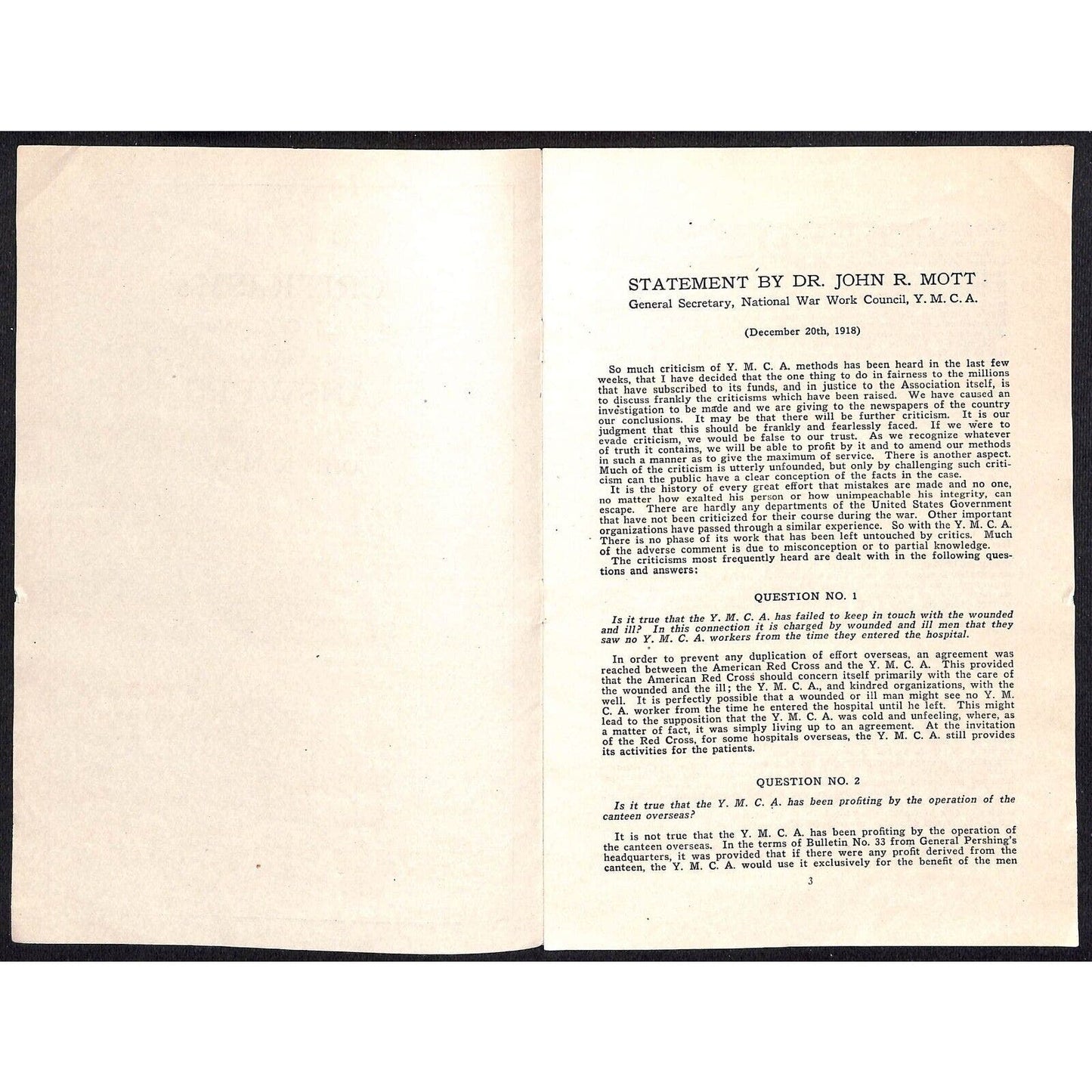 1918 "Criticisms and Answers about YMCA War Work" Pamphlet WWI Scarce 8pp VGC