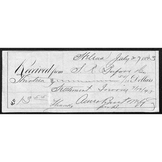 Helena Montana S.R. Buford 1893 $13.55 Payment Receipt