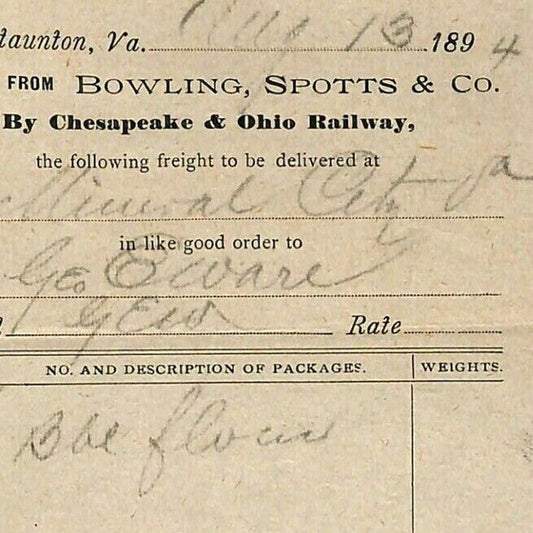 1893 Scarce Bowling, Spotts Chesapeake R.R. Freight Billhead Letterhead Flour