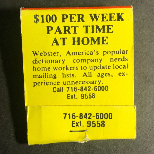 "$100 Per Week Part Time At Home" Work Offer Mostly Full (-3) Matchbook c1973-80