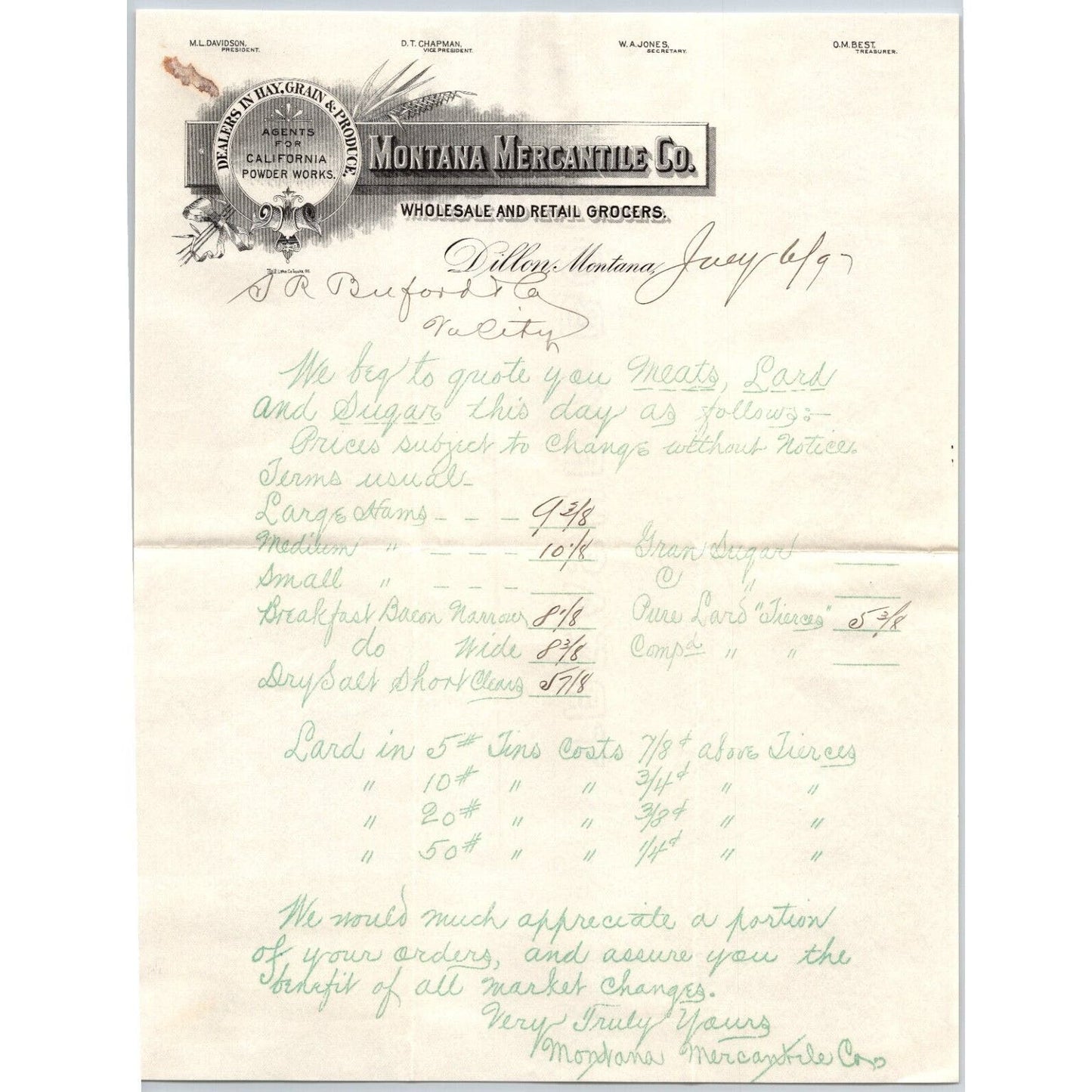 Dillon, MT Montana Mercantile Co. Agents California Powder Works 1897 Billhead
