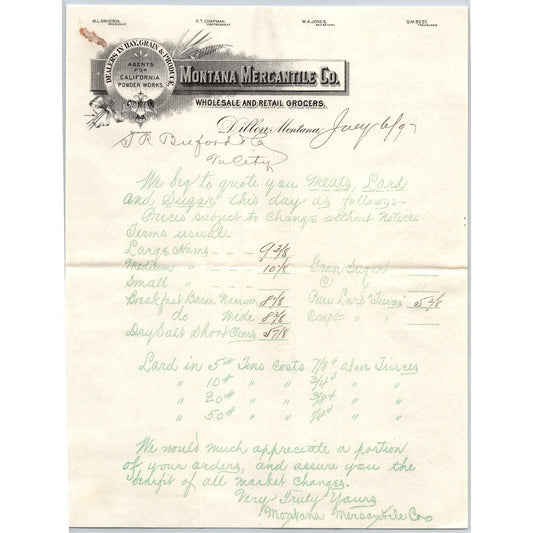 Dillon, MT Montana Mercantile Co. Agents California Powder Works 1897 Billhead