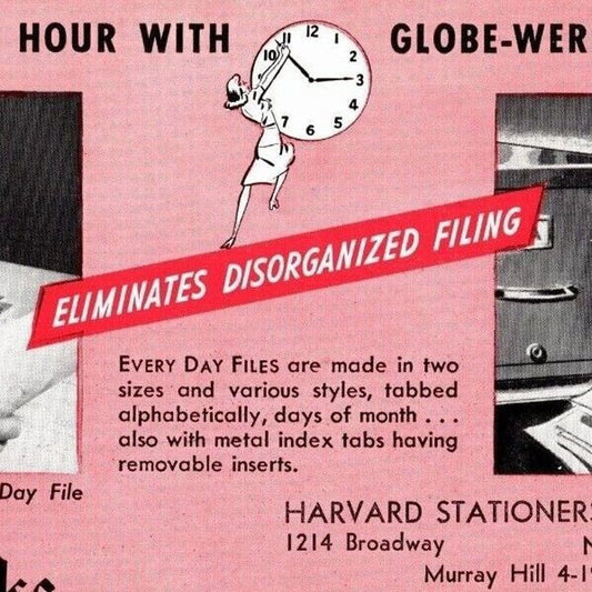 Broadway NYC Ink Blotter Globe-Wernicke / Harvard Stationers c1950's Woman Clock