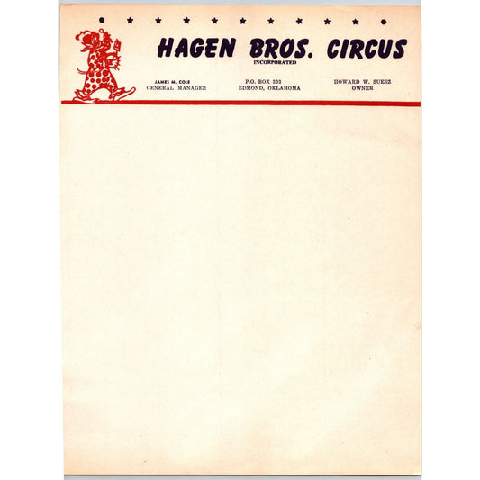 Hagen Bros. Circus Letterhead c1952 Edmond, OK Clown Scarce