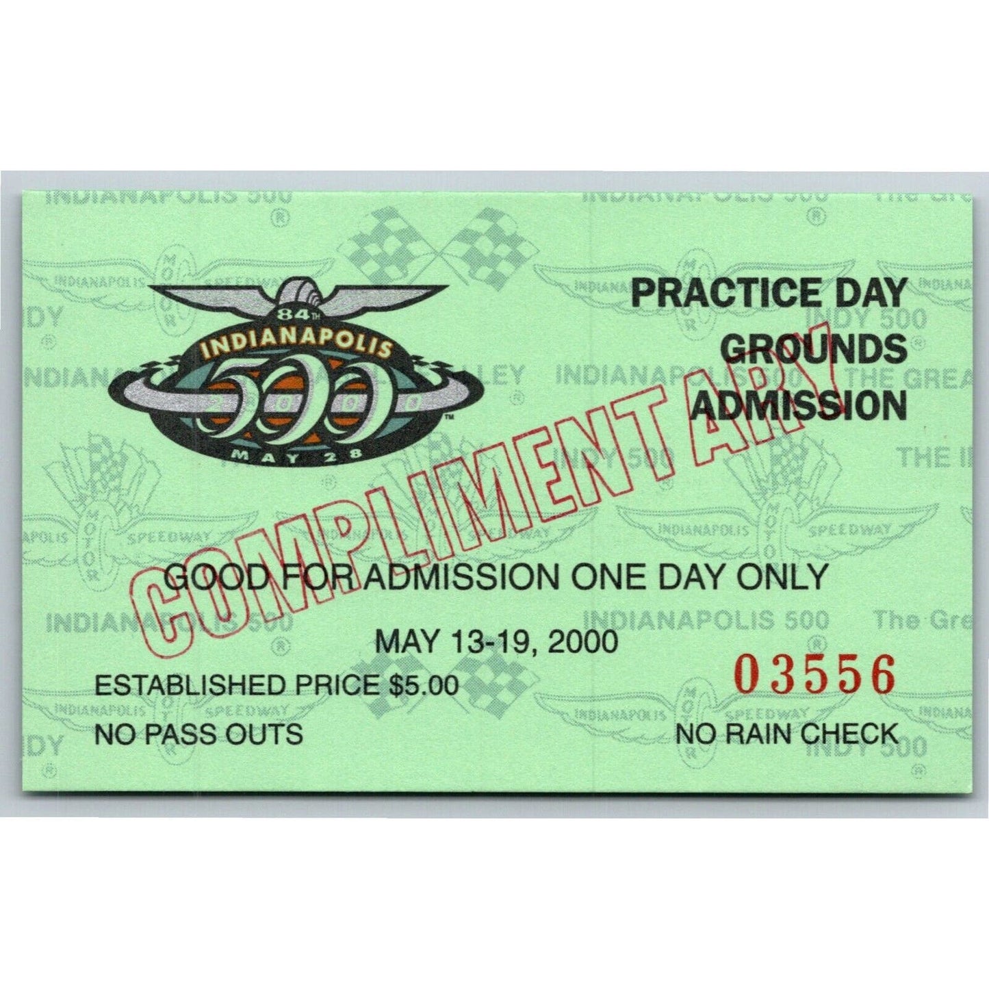2000 Indy 500 Practice Day Grounds Admission Ticket Pass Card IMS #03556 VGC