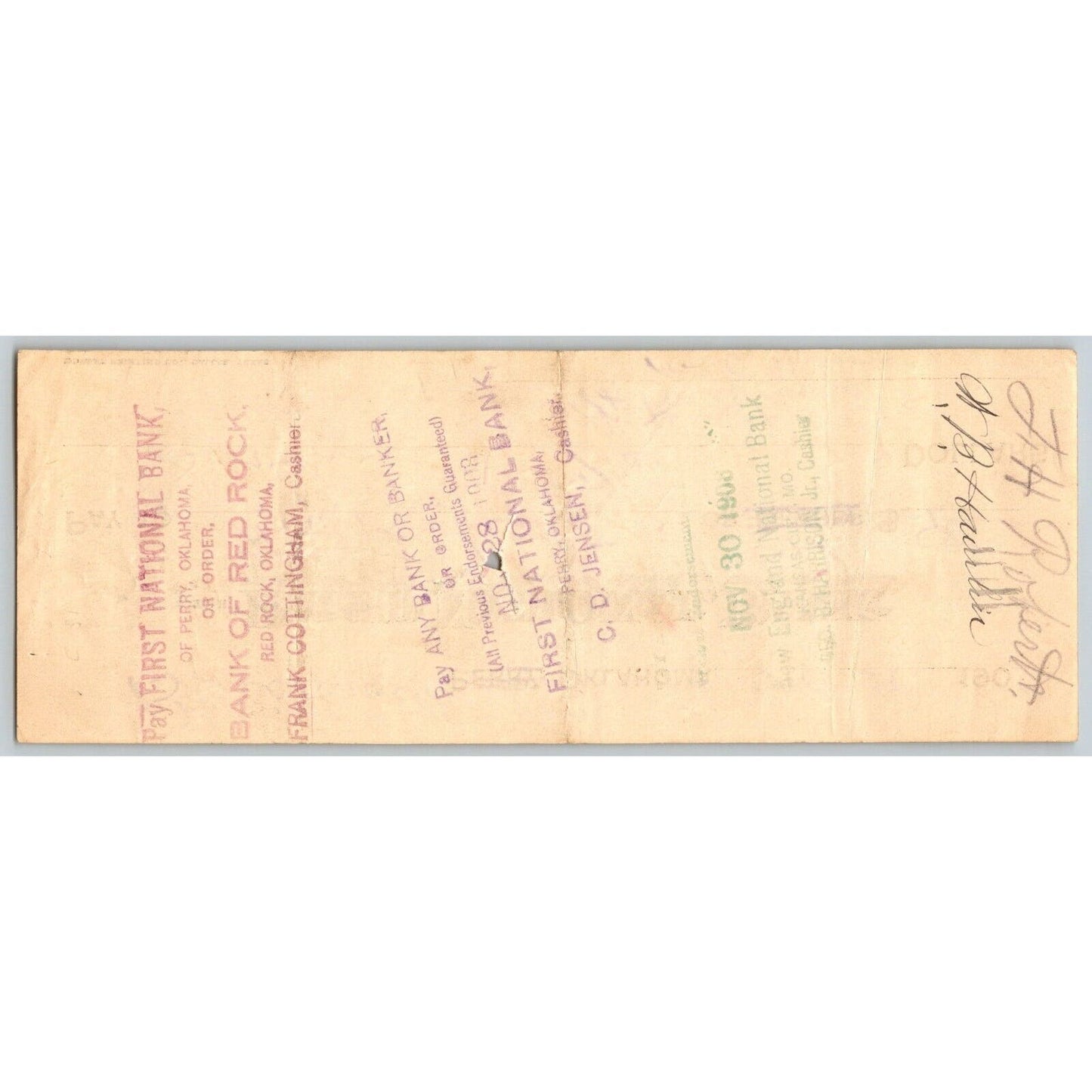 Blackwell / Perry, OK 1908 FNB Bank Check - Scarce