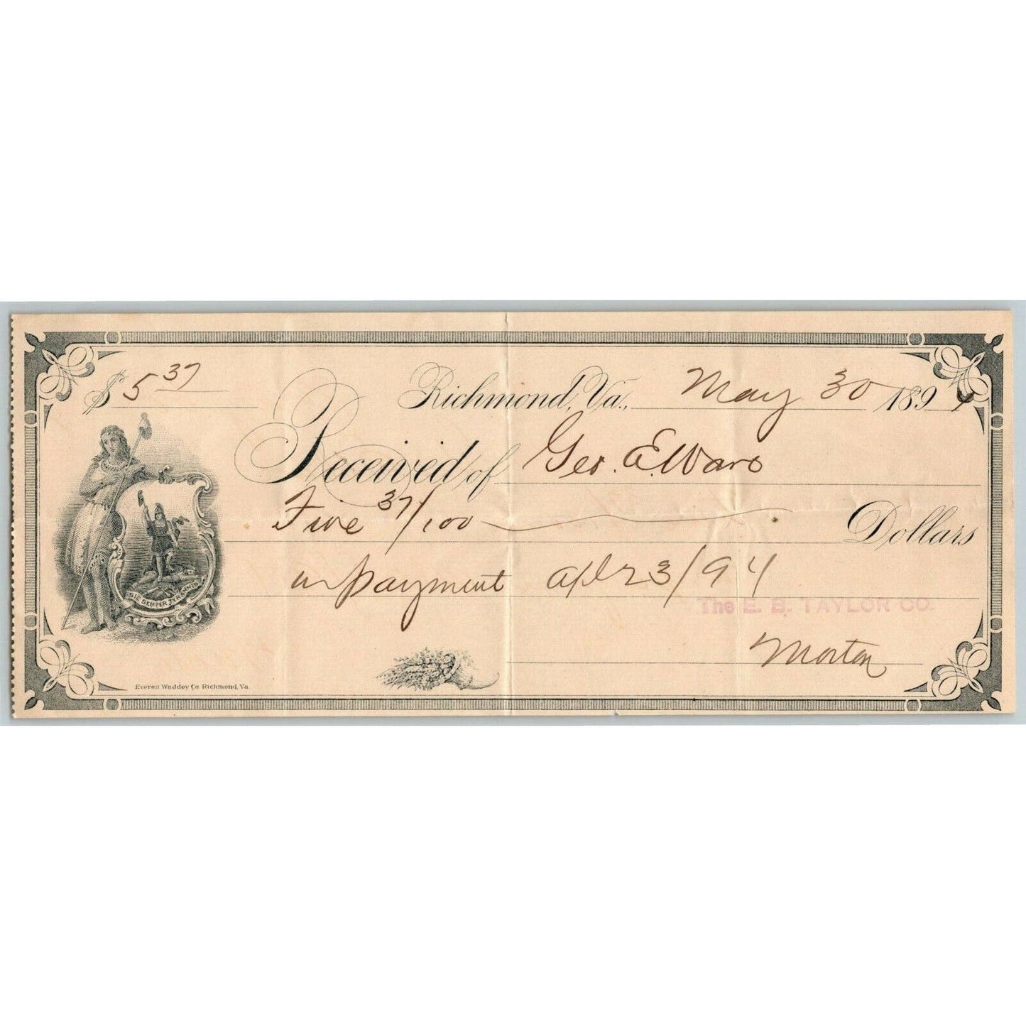 E. B. Taylor (Glassware Tinware) Receipt / Letterhead Richmond, VA 1894