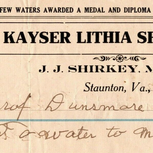 1906 Scarce Kayser Lithia Water Co. Billhead Letterhead Staunton, VA JJ Shirkey