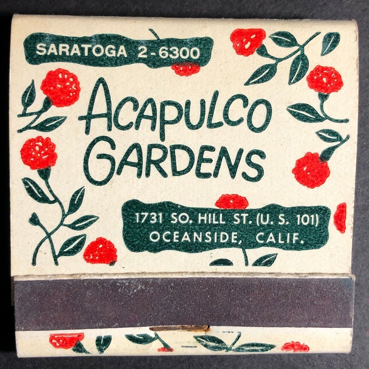 Scarce c1950's-60's Full FEATURE Matchbook Acapulco Gardens Oceanside Calif
