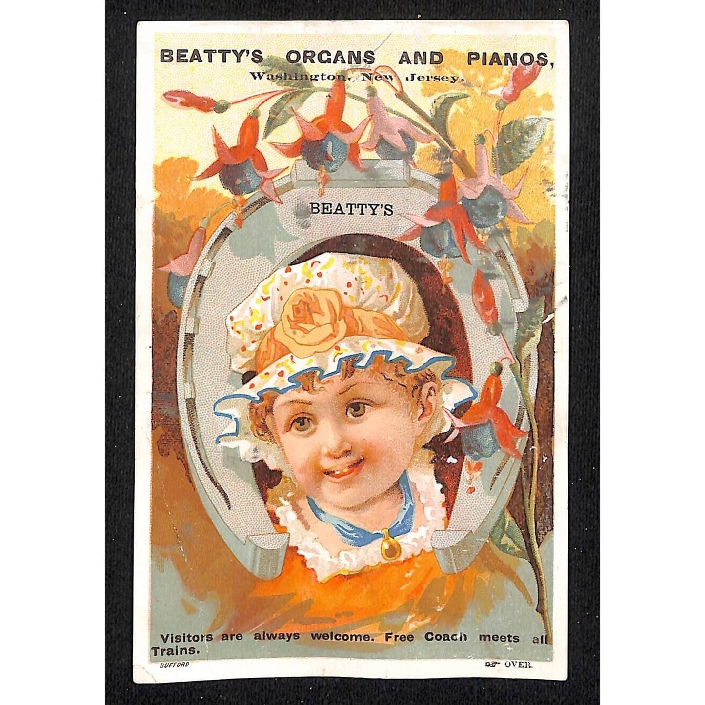 Beatty's Organs and Pianos Washington, NJ Victorian Trade Card Horse Shoe Child