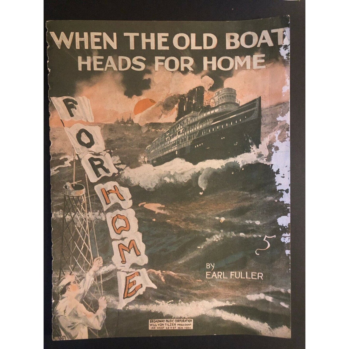 Vintage WWI Sheet Music "When the Old Boat Heads for Home" Ship on Rough Sea