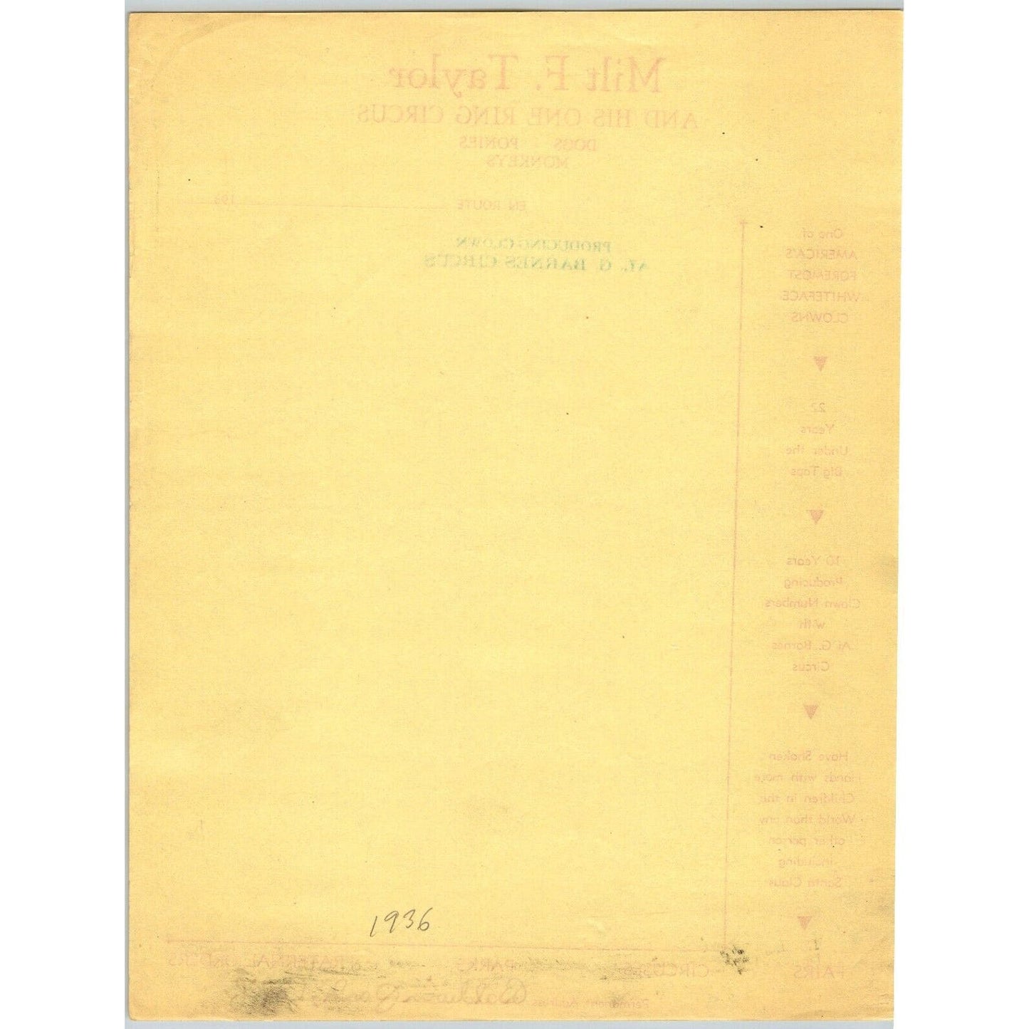 Milt F. Taylor "And His One Ring Circus" Circus Letterhead c1930's Scarce