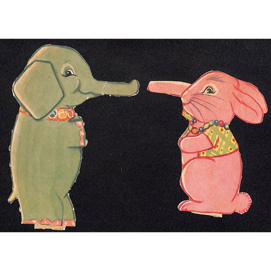 Elephant and Rabbit Bunny Die Cut Card Stock Cards w/ Stand / Leg c1920's?