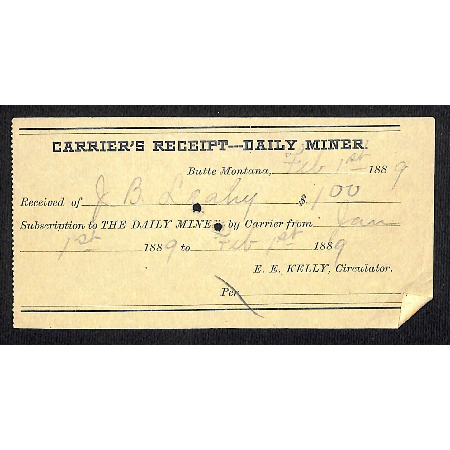 Butte Montana 1889 "The Daily Miner" Subscription Carrier's Receipt / Billhead