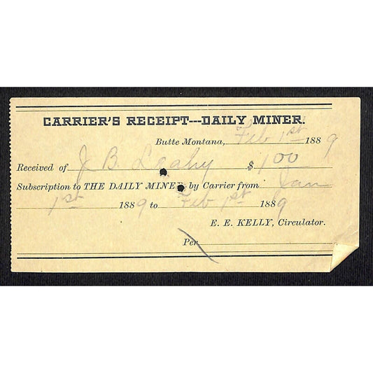 Butte Montana 1889 "The Daily Miner" Subscription Carrier's Receipt / Billhead