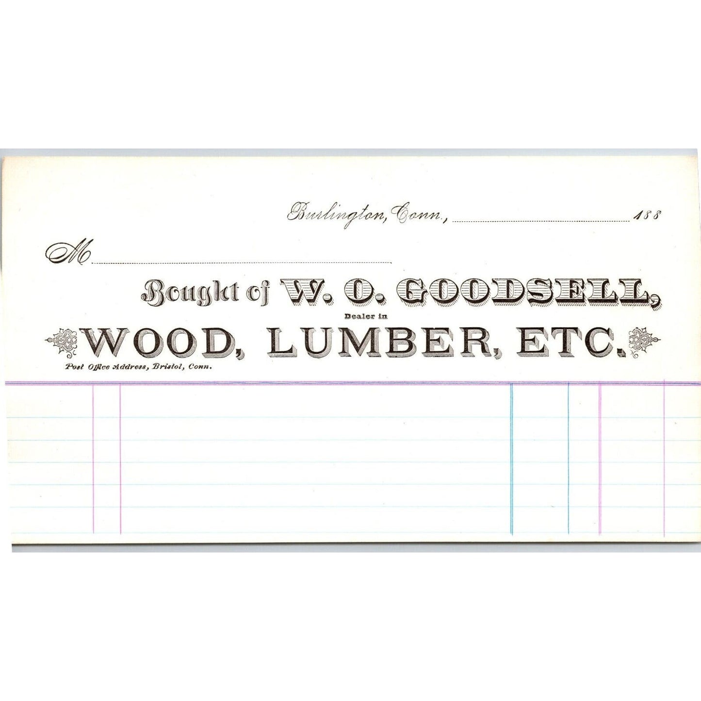 Burlington, CONN W.O. Goodsell 1880 - 1889 Wood Lumber Unused Billhead - Scarce
