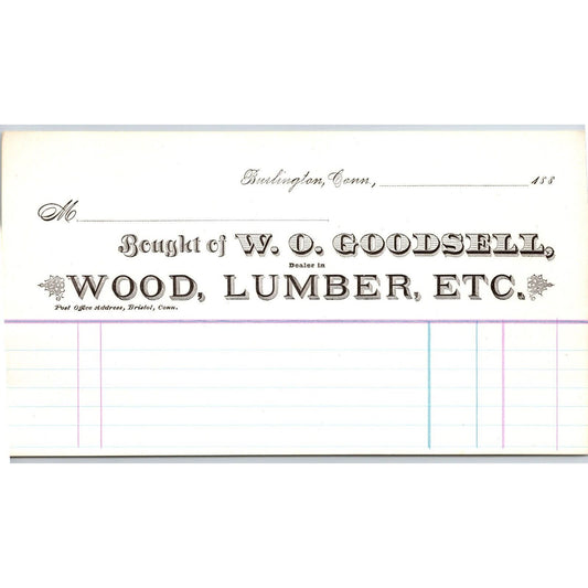 Burlington, CONN W.O. Goodsell 1880 - 1889 Wood Lumber Unused Billhead - Scarce