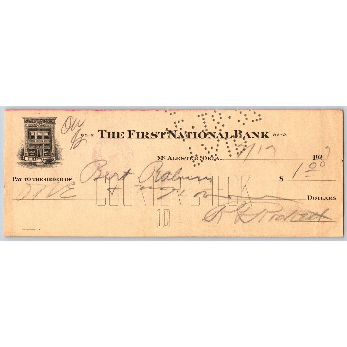 McAlester, OK 1927 First National Bank Check w/ Building Vignette - Scarce