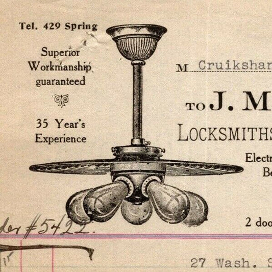 1915 J. M. Smith & Son Electrical & Locksmith Letterhead Billhead E. 8th St NYC