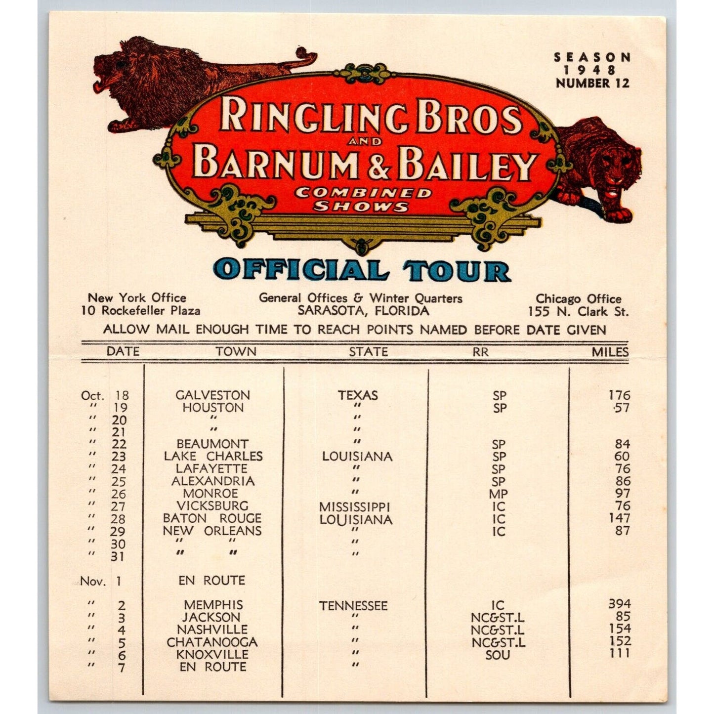 1948 Ringling Bros Barnum Bailey Circus Route Card Houston New Orleans Memphis