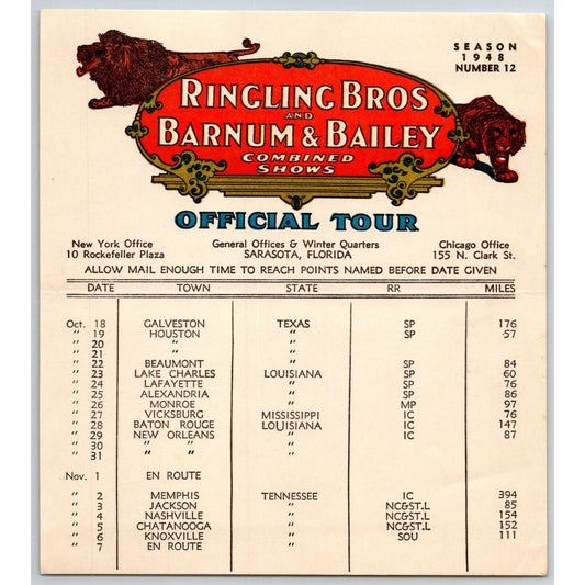 1948 Ringling Bros Barnum Bailey Circus Route Card Houston New Orleans Memphis