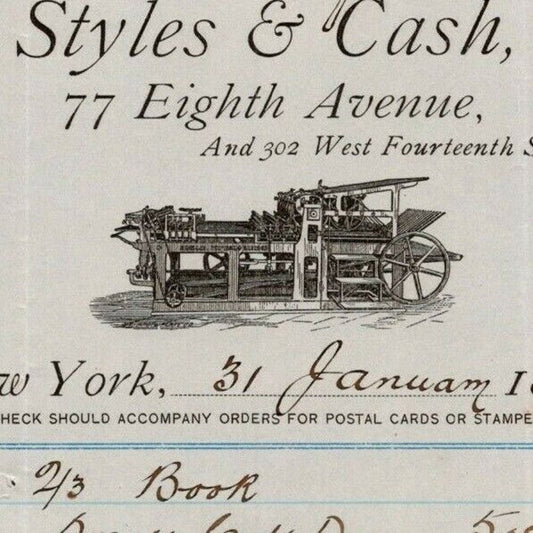 1888 Styles & Cash Book and Job Printers Billhead Letterhead 77 8th Ave NYC