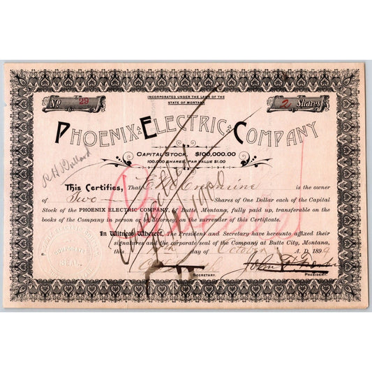Butte, MT Phoenix Electric Co. 1899 Stock Certificate - 2 Shares - Cert #29