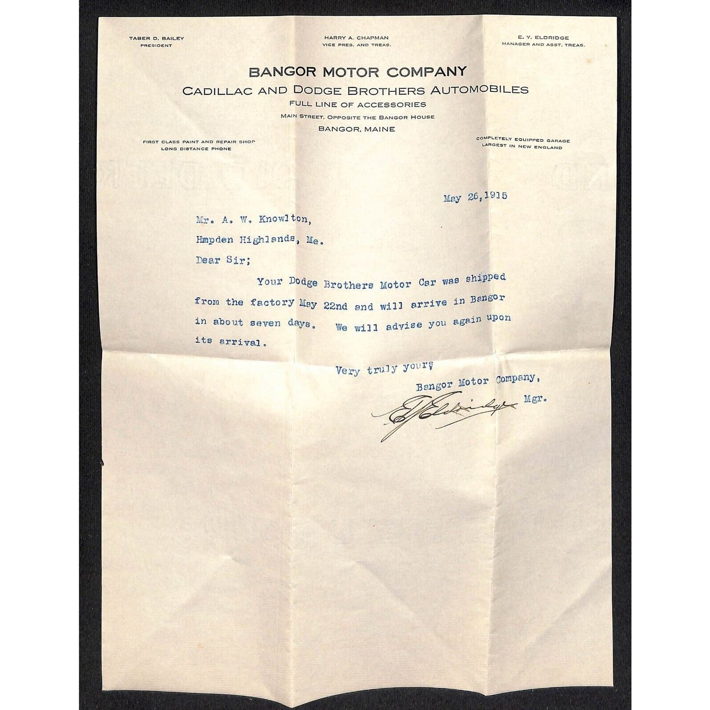 Amos W. Knowlton* 1915 Bangor Motor Co. Cadillac Dodge Letterhead Maine + Cover