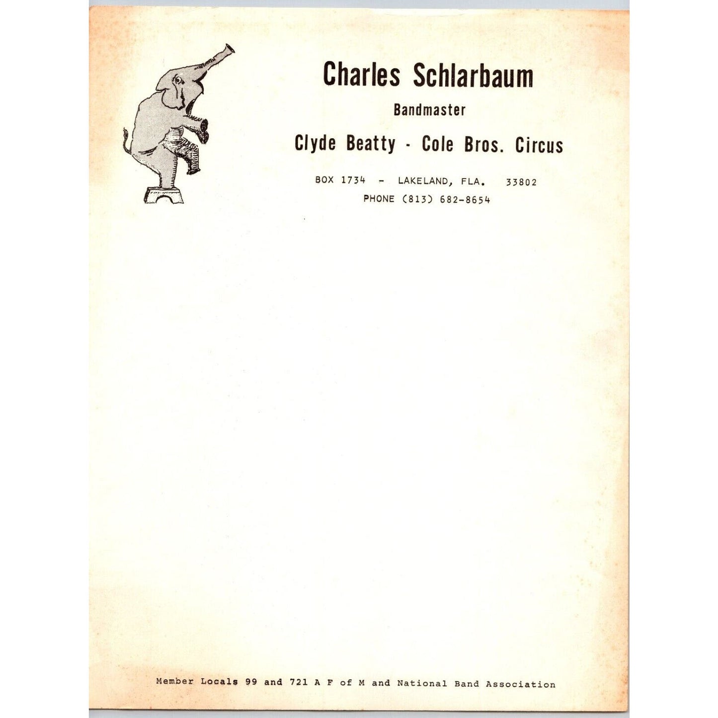 Charles Schlarbaum Bandmaster Clyde Beatty Circus Letterhead c1965-70's