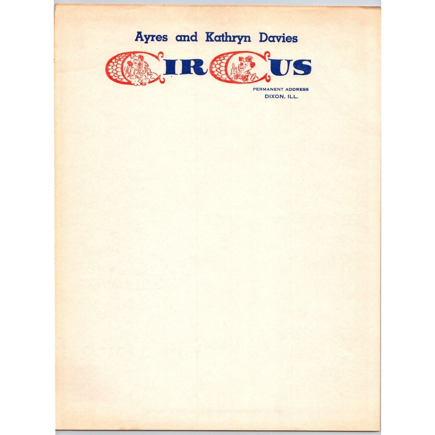 Ayres and Kathryn Davies Circus Letterhead c1946 Dixon, IL Clowns Scarce