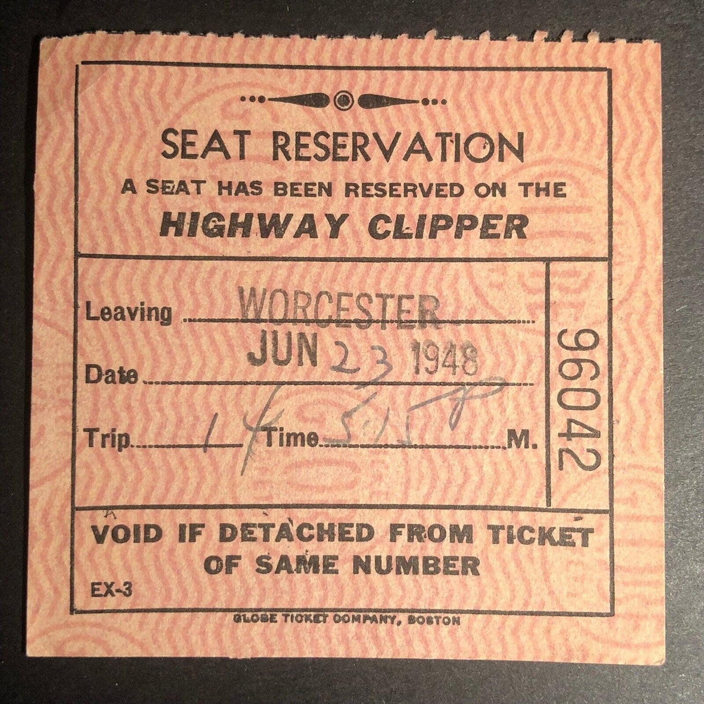 Highway Clipper Railroad Seat Reservation from Worcester Check / Ticket 1948