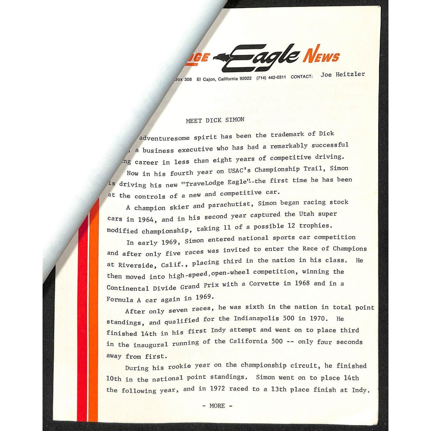 c1973 Dick Simon / TraveLodge Indy 500 Indianapolis Press Releases & Specs 12pp