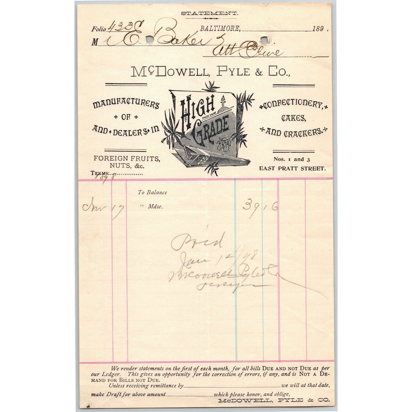 1898 Letterhead McDowell, Pyle & Co. Foreign Fruits Baltimore Ephraim Baker*