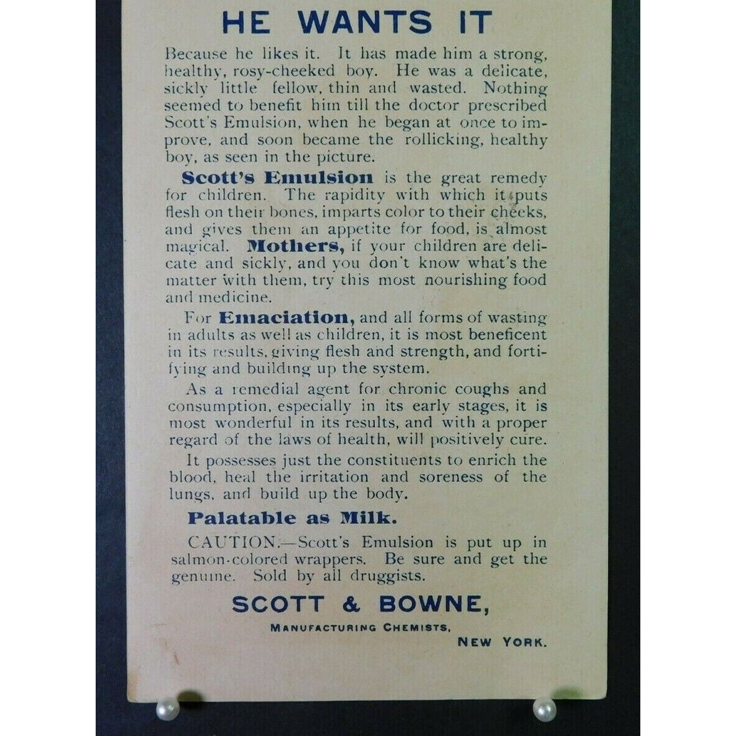 Victorian Advertising Trade Card - "He Wants It" Scott's Emulsion - NY