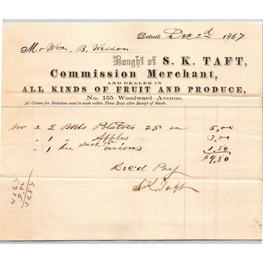 Detroit Letterhead S. K. Taft "All Kinds of Fruit and Produce" Merchant 1867