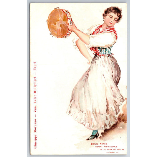 Italian Postcard Capri "To the Cat Hidigigel" Woman Dances Tambourine c1901-1907