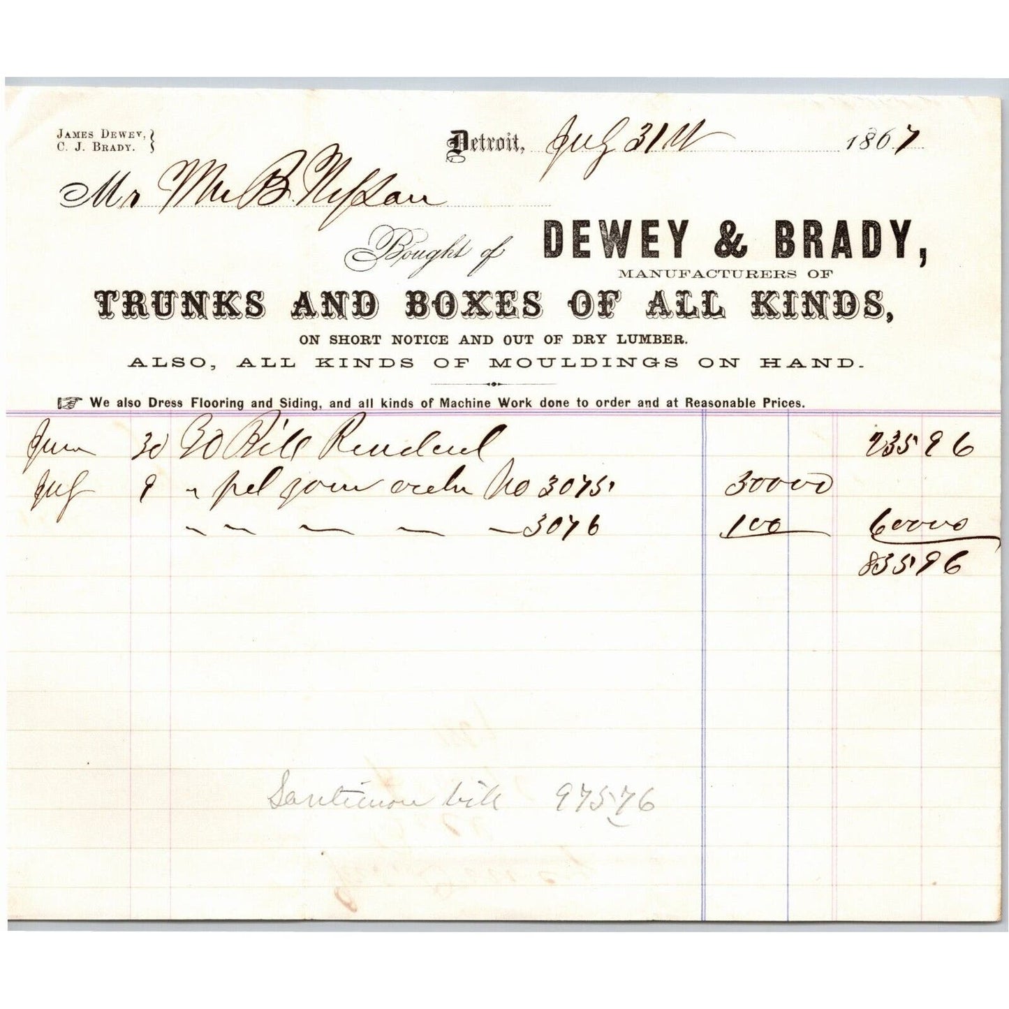 Detroit Letterhead Dewey & Brady "Trunks and Boxes of All Kinds" 1867