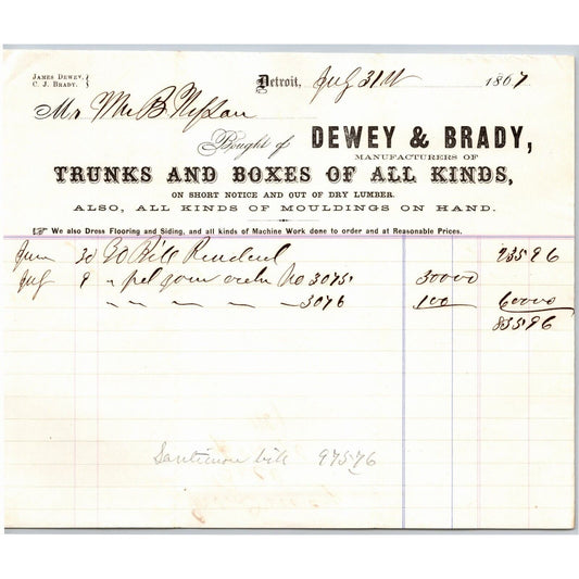 Detroit Letterhead Dewey & Brady "Trunks and Boxes of All Kinds" 1867