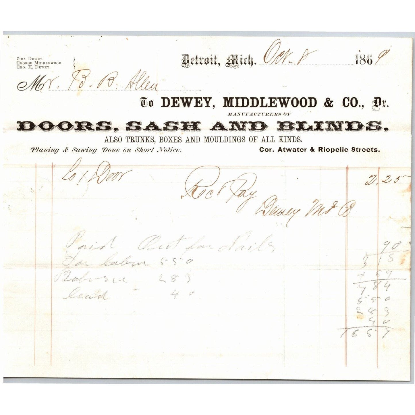 Detroit Letterhead Dewey, Middlewood & Co. Doors, Sash and Blinds 1869