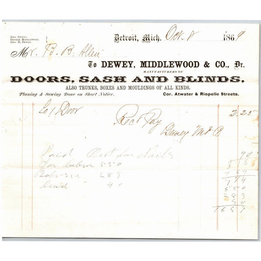 Detroit Letterhead Dewey, Middlewood & Co. Doors, Sash and Blinds 1869