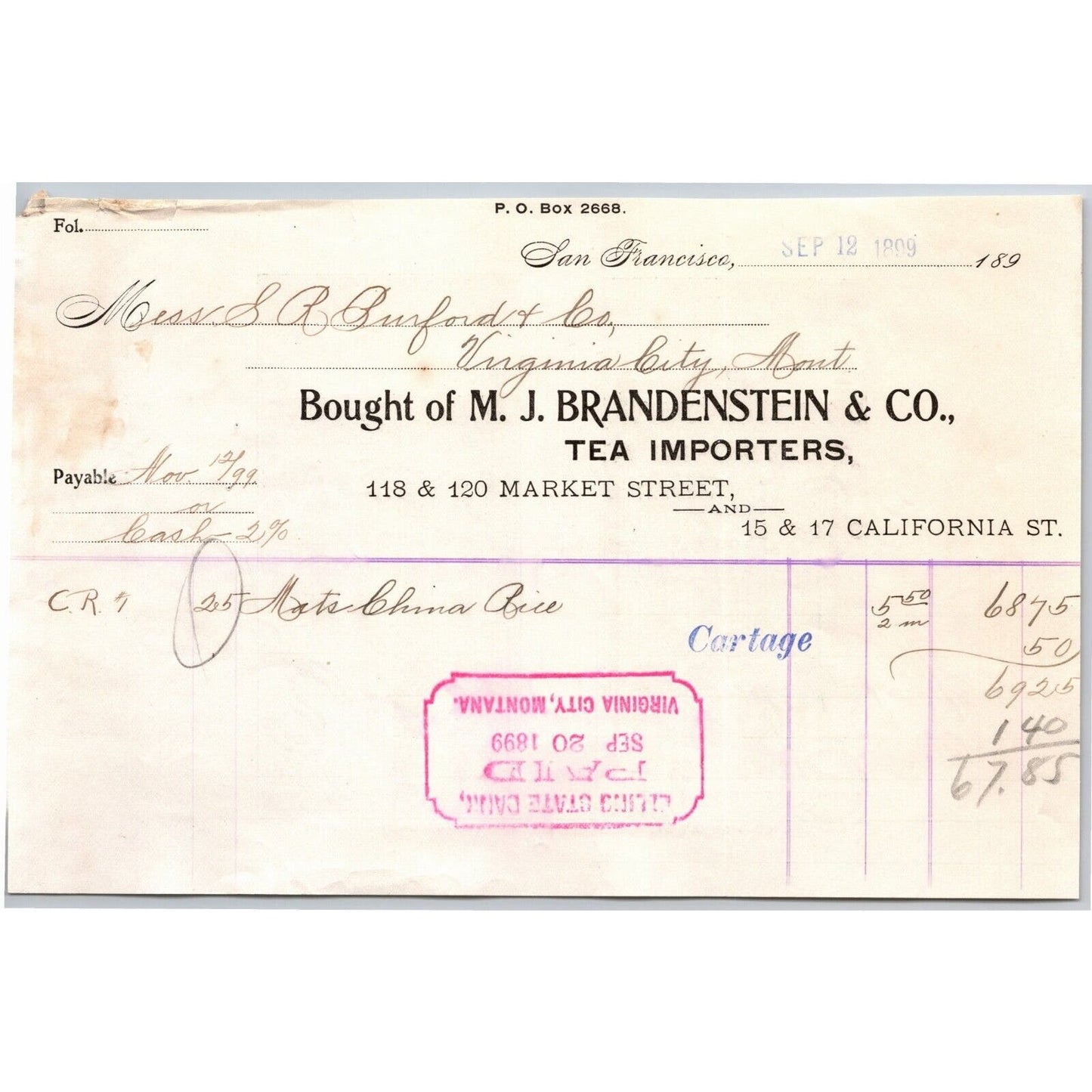 1899 M.J. Brandenstein & Co. Tea Importers Letterhead Bill - S.R. Buford Montana