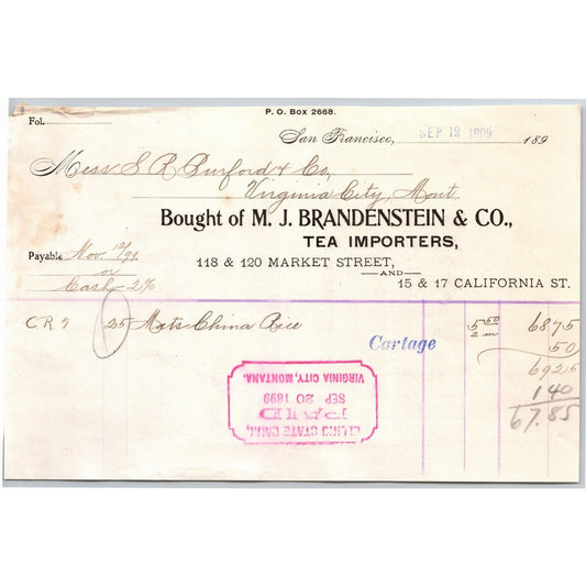 1899 M.J. Brandenstein & Co. Tea Importers Letterhead Bill - S.R. Buford Montana