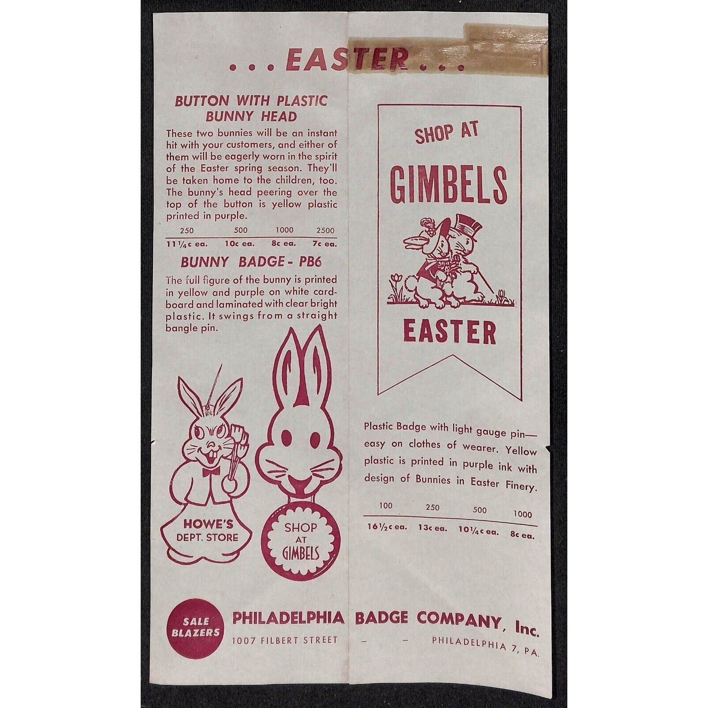 3 c1950's Philadelphia Badge Co. Pinback Button Ribbon Catalog Sheet Flyers