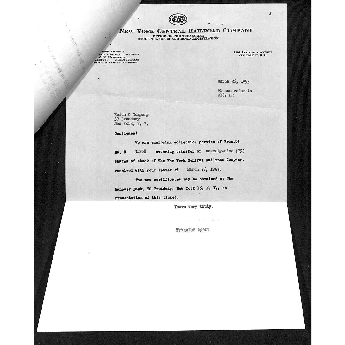 1953 New York Central Railroad Letterhead re: Reich & Co. Stock Transfer