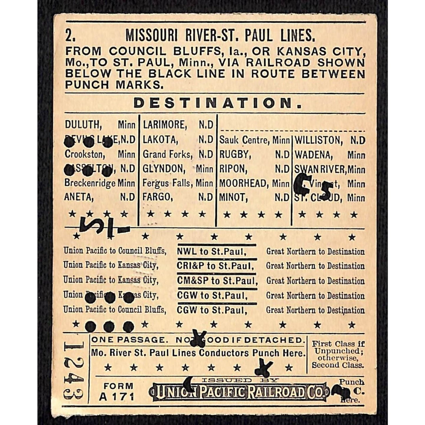 1912 Union Pacific Railroad Ticket Missouri River St. Paul Council Bluffs #1243