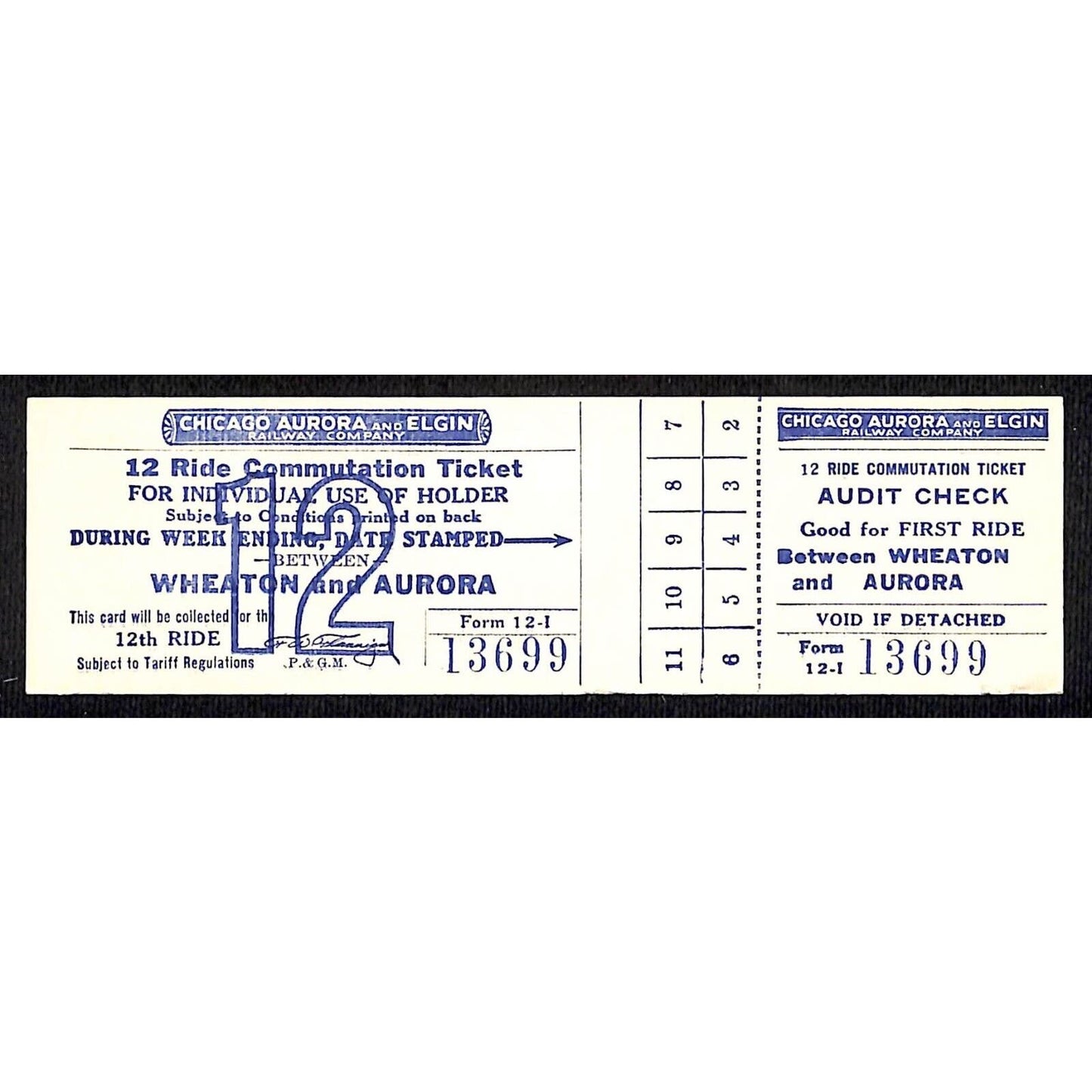 Chicago Aurora and Elgin Railway (1902-57) 12 Ride Ticket Wheaton / Aurora