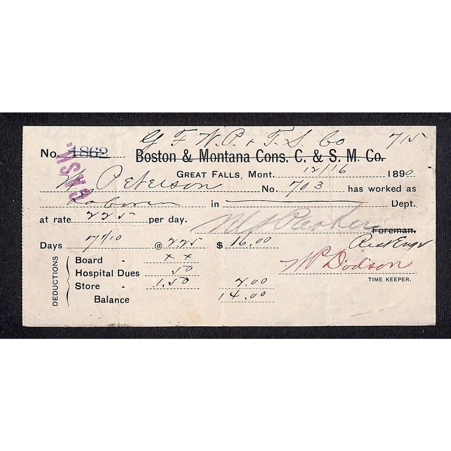 Great Falls Montana - 1890 Pay less Board, Hospital & Company Store Receipt