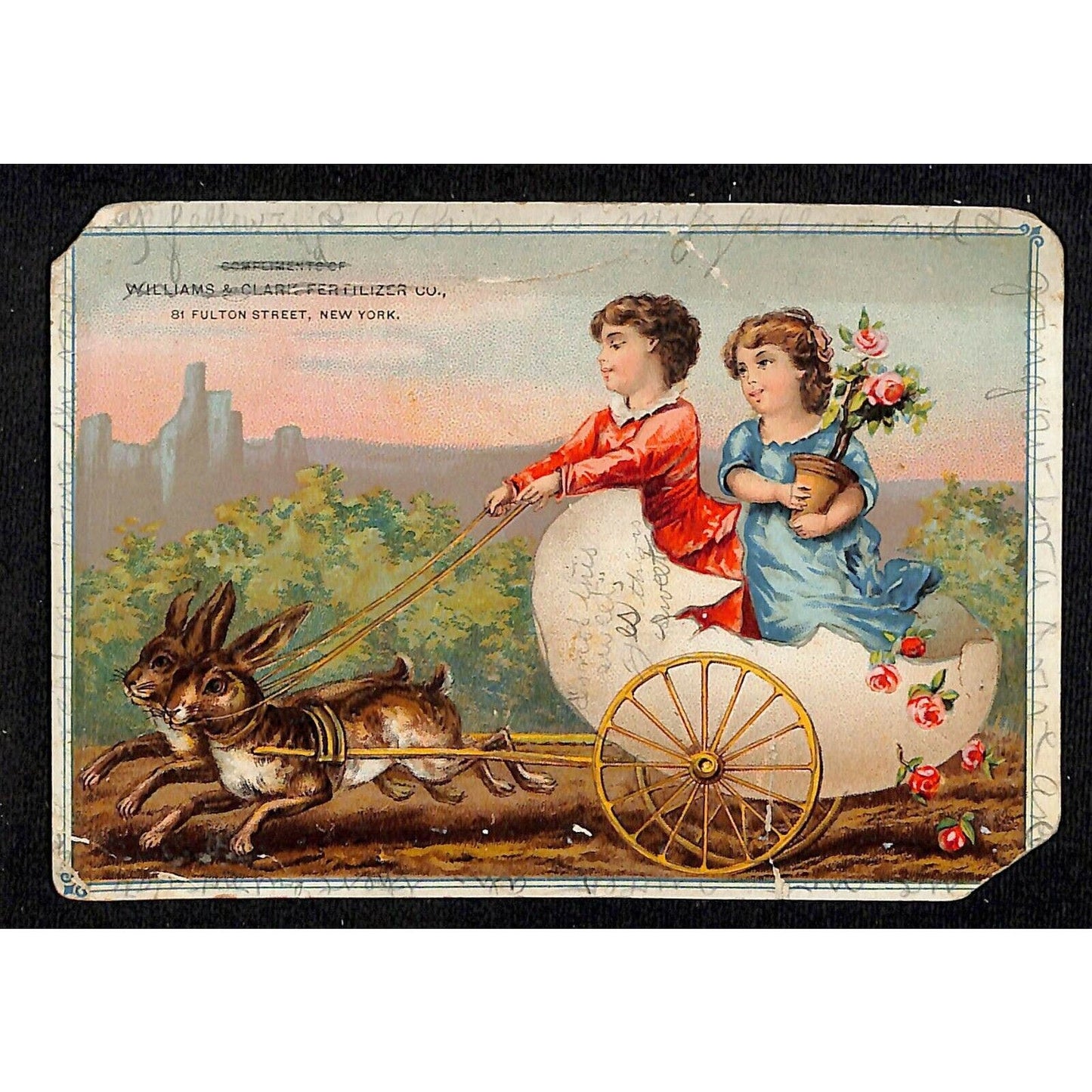 1880-90's Trade Card Williams & Clark Fertilizers Kids Steer Eggshell Chariot