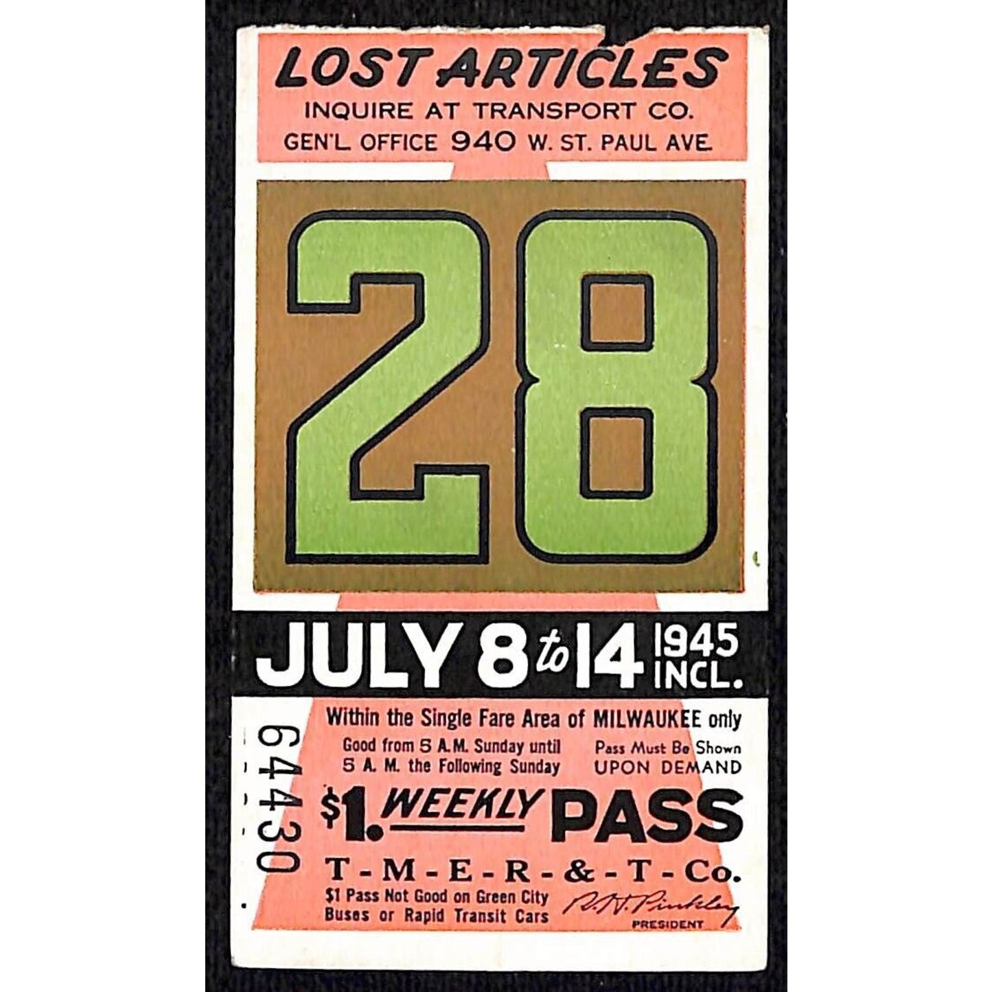TMER&T Milwaukee Electric Railway & Transport 1945 Weekly Transit Pass #64430