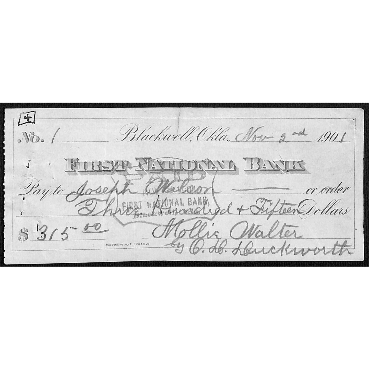 Blackwell, OK 1901 Territorial First National Bank Check - Scarce